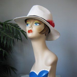 Straw Hat / Vtg / White Mexican firm body straw fedora cowboy vacation hat